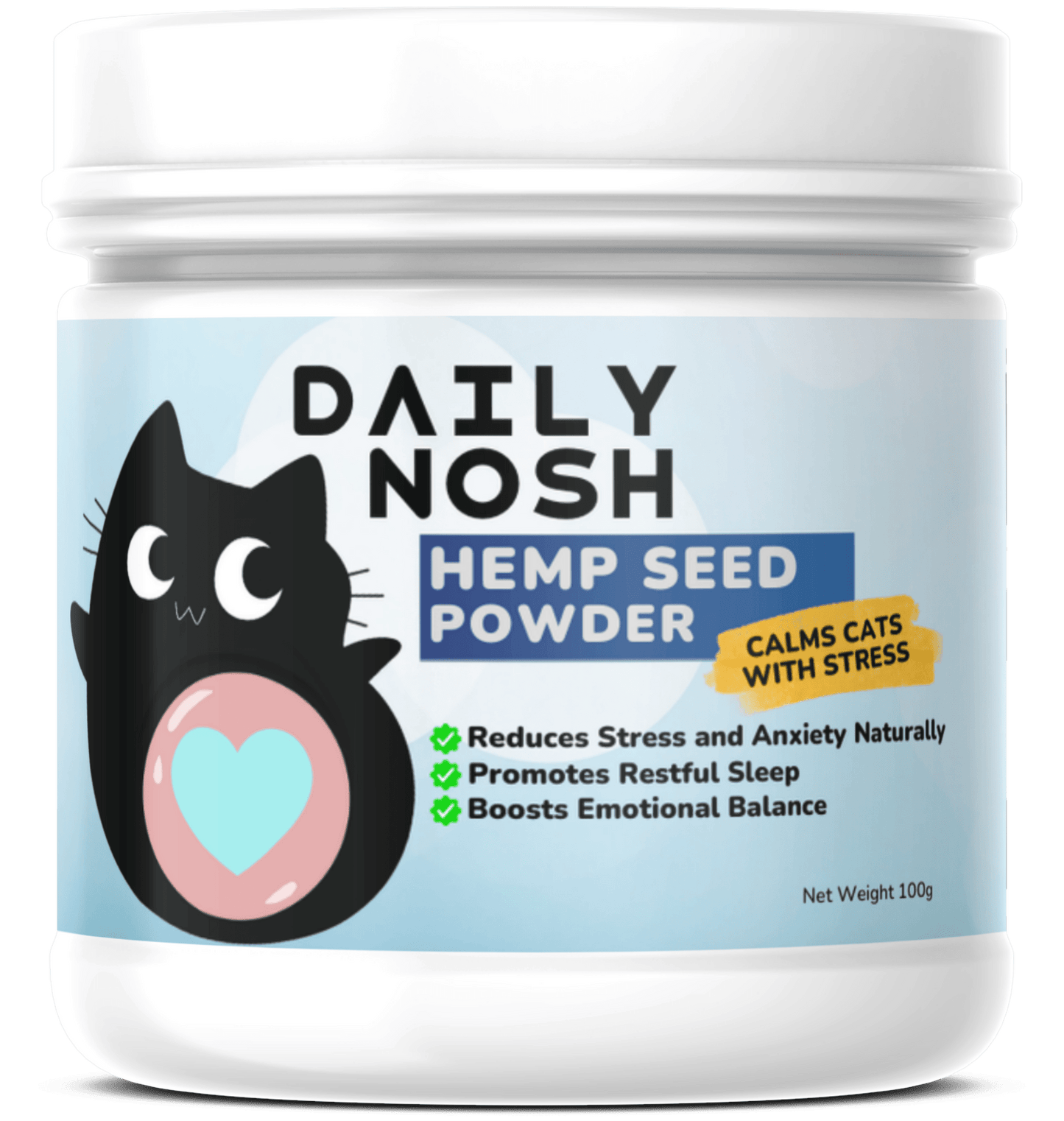 "Daily Nosh Hemp Seed Powder Supplement for Cats – natural stress relief powder with hemp seed to promote calm behavior and overall wellness.