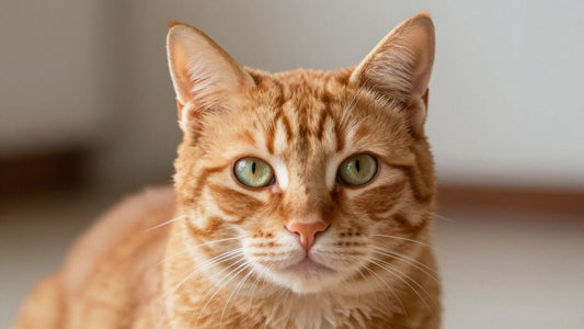 Ginger cat with green eyes looking forward.