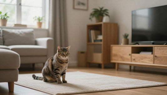A cautious cat exploring a quiet new room in a comfortable home while its owner gives it space