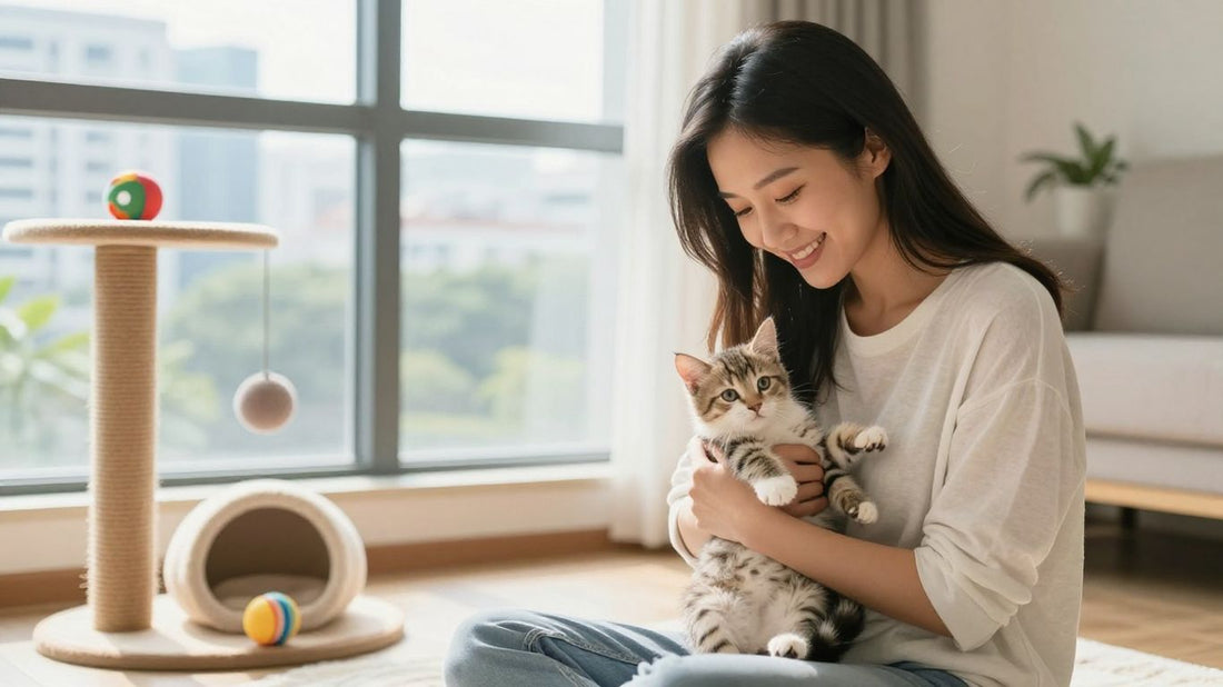 A smiling person cradling a small kitten in a home.