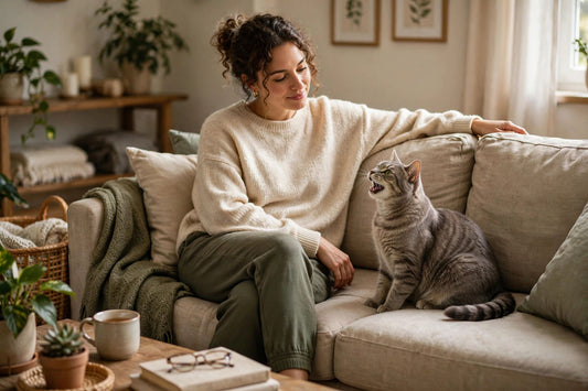 A cat meowing beside its owner, with relaxed body language and a calm home setting