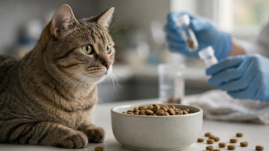 Cat beside kibble bowl with laboratory sample container in background