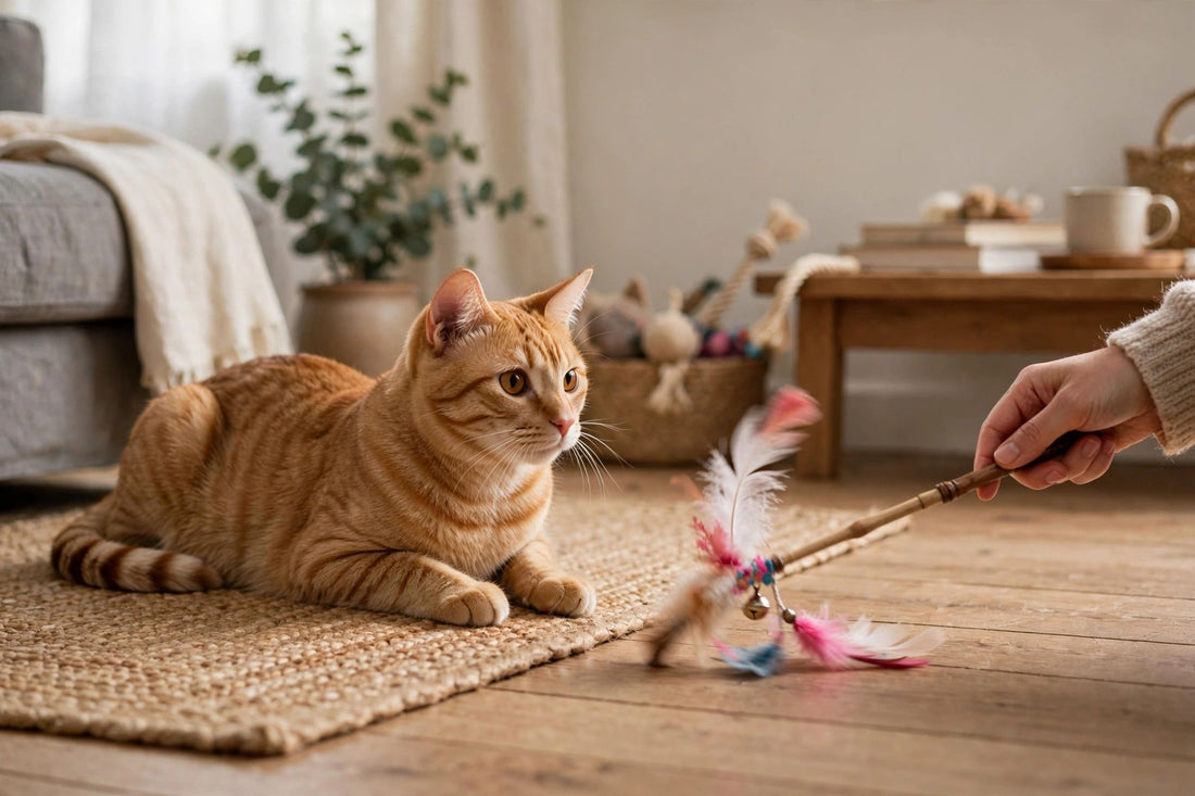 Cat watching a wand toy move across the floor during a calm, supervised play session