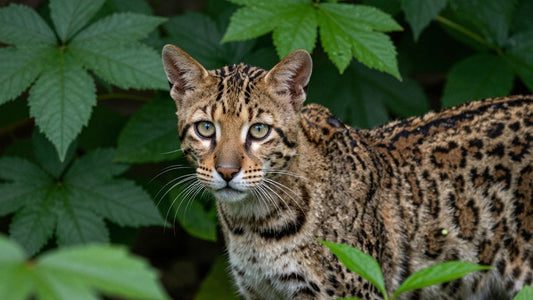 Tsushima leopard cat in dense green foliage.