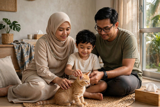 Malaysian family gently welcomes an adopted cat into their home