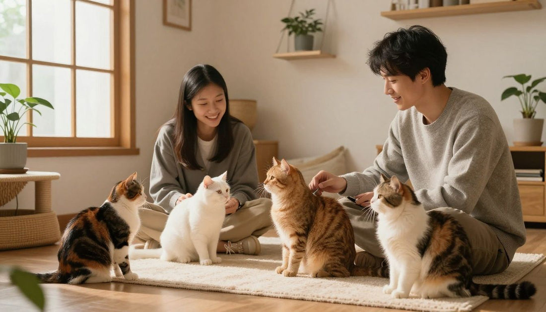 A professional, warm-toned image of an indoor sanctuary space perfectly set up for multi-cat household harmony.