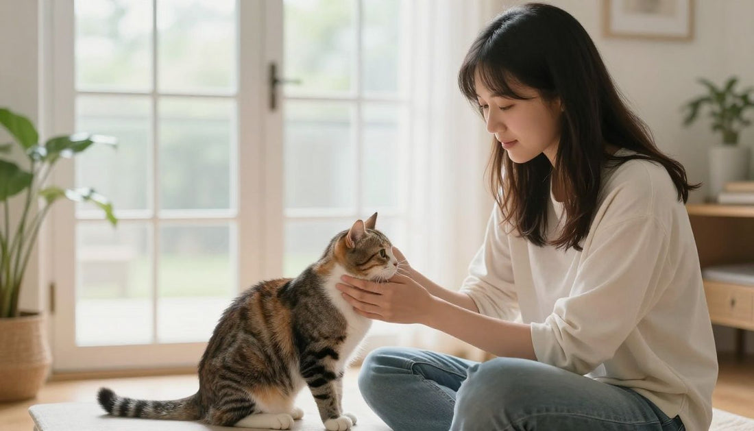 A gentle and supportive cat owner sitting quietly with a recently adopted cat in a peaceful home environment, illustrating a stress-free transition.
