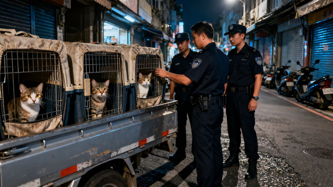 Vietnamese police inspect cat carriers beside a truck at night.