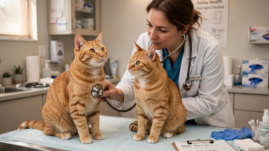 Two brother cats sit together during a veterinary examination
