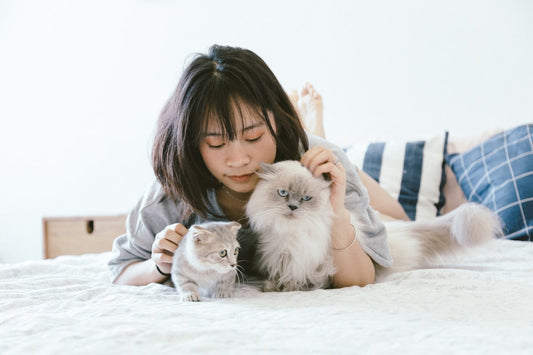 A smiling person cradling a small kitten in a home.