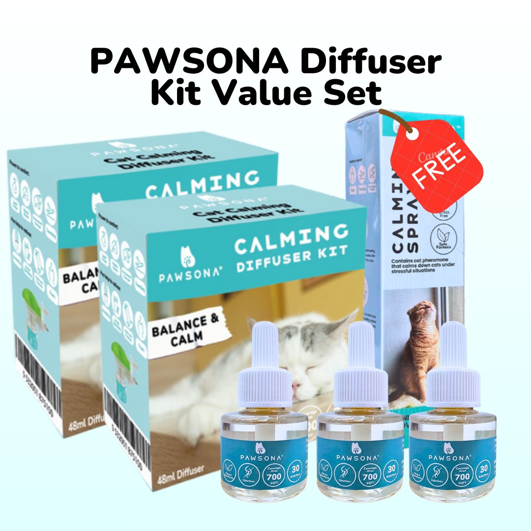 PAWSONA® Diffuser Kit Value Set - Pawsona Cat Calming Series anti on heat for cats anxiety relief cat anxious cats